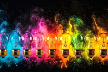 Poster - A creative light bulb explodes with colorful paint splashes and shards of glass on a black background. Concept of a different idea. Creative paint splatter.
