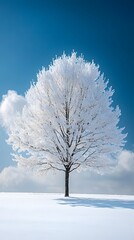 Wall Mural - a beautiful tree, covered in snow, stands alone in the snowy field against a blue sky