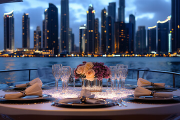 Canvas Print - Luxurious Yacht Party for New Year's Eve with Skyline Views  