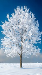 Wall Mural - a beautiful tree, covered in snow, stands alone in the snowy field against a blue sky