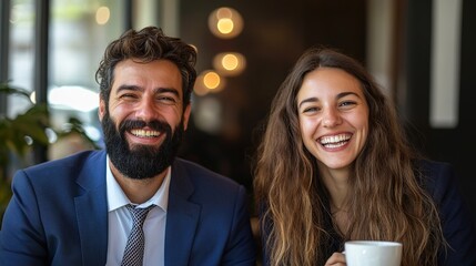 Canvas Print - A joyful couple smiles warmly while enjoying coffee together in a cozy café setting.