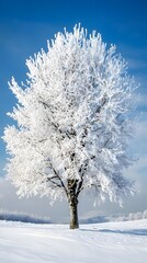 Wall Mural - a beautiful tree, covered in snow, stands alone in the snowy field against a blue sky