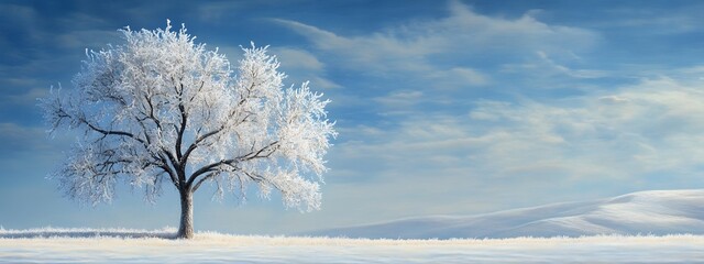 Wall Mural - a beautiful tree, covered in snow, stands alone in the snowy field against a blue sky