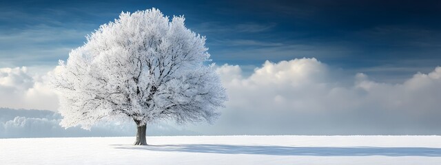 Wall Mural - a beautiful tree, covered in snow, stands alone in the snowy field against a blue sky