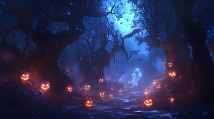 A mystical Halloween scene in a dark fantasy forest, with glowing jack-o'-lanterns lining a foggy path, twisted trees with eerie faces, and floating ghostly figures illuminated by moonlight. 