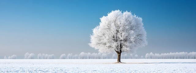 Wall Mural - a beautiful tree, covered in snow, stands alone in the snowy field against a blue sky