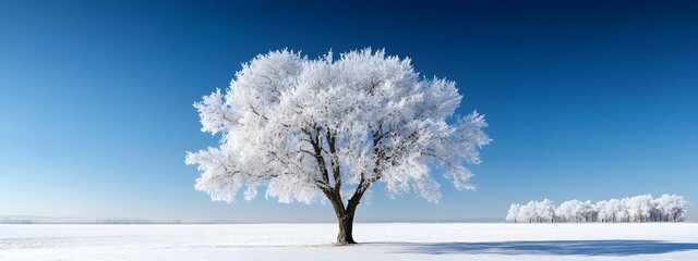 Wall Mural - a beautiful tree, covered in snow, stands alone in the snowy field against a blue sky