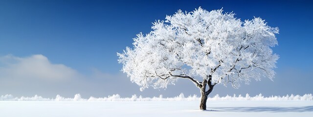 Wall Mural - a beautiful tree, covered in snow, stands alone in the snowy field against a blue sky