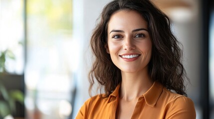 Poster - A cheerful woman with curly hair smiles confidently in a modern workspace, conveying warmth and professionalism.