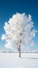 Wall Mural - a beautiful tree, covered in snow, stands alone in the snowy field against a blue sky