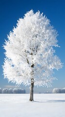 Wall Mural - a beautiful tree, covered in snow, stands alone in the snowy field against a blue sky