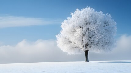 Wall Mural - a beautiful tree, covered in snow, stands alone in the snowy field against a blue sky