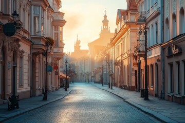 City street with empty road and morning light in Europe, Lithuania, Vilnius, Generative AI