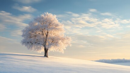 Wall Mural - a beautiful tree, covered in snow, stands alone in the snowy field against a blue sky
