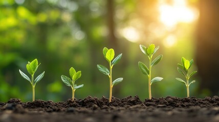 Wall Mural - Five seedlings growing in soil with sunlight Emerging plants symbolize growth and nature