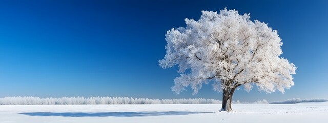 A beautiful tree, covered in snow, stands alone in the snowy field against a blue sky