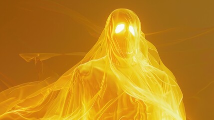 A person wearing a bright yellow cloak with glowing eyes, perfect for fantasy or sci-fi themes