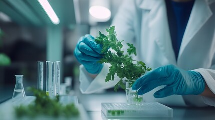Poster - Scientist in Lab Coat Examining Green Plant Sample