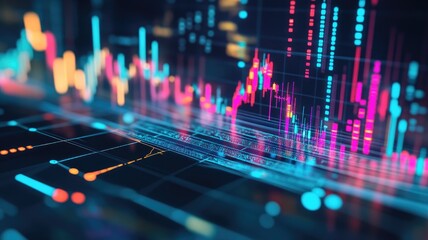 Wall Mural - Colorful digital data chart with neon lines and graphs representing stock market trends