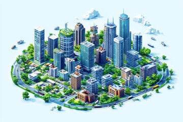 Wall Mural - isometric city plan, 3d location map with living houses, skyscrapers, industrial buildings, city landmarks, streets traffic. Three-dimensional megapolis downtown infographic map design, Generative AI