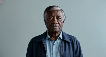 Wall Mural - Serious elderly Black man with short grey hair wearing jacket on plain light blue background