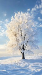 Wall Mural - a beautiful tree, covered in snow, stands alone in the snowy field against a blue sky