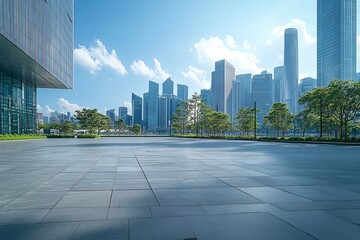 Panoramic skyline and modern business office buildings with empty road,empty concrete square floor, Generative AI