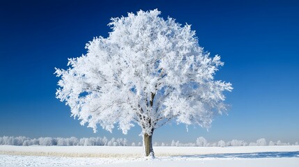 Wall Mural - a beautiful tree, covered in snow, stands alone in the snowy field against a blue sky