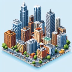 Wall Mural - 3d  Isometric info graphic city streets with different buildings, houses, shops and skyscrapers. Line style, Generative AI