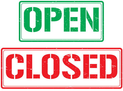 open and closed sign with grunge effect,rectangle rubber stamp. vector seal