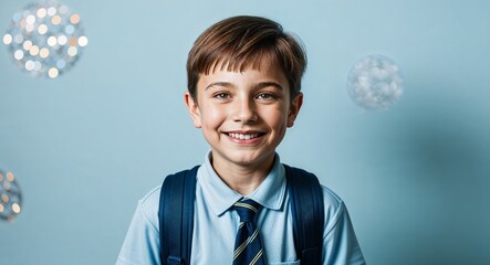 Canvas Print - Smiling young Caucasian boy with short brown hair wearing school uniform on plain light blue background