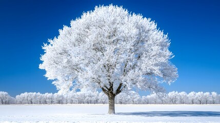 Wall Mural - a beautiful tree, covered in snow, stands alone in the snowy field against a blue sky