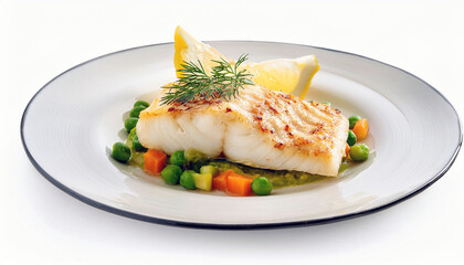 Grilled Fish with Lemon and Vegetables on a White Plate