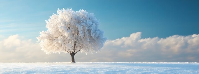 Wall Mural - a beautiful tree, covered in snow, stands alone in the snowy field against a blue sky