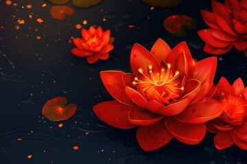 A group of red flowers floating on the surface of a peaceful pond