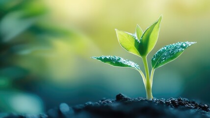 Wall Mural - Young plant with dew-drenched leaves emerging from fertile soil under warm light