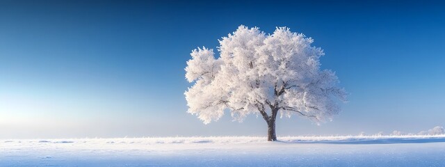 Wall Mural - a beautiful tree, covered in snow, stands alone in the snowy field against a blue sky