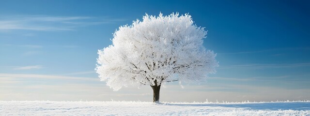 A beautiful tree, covered in snow, stands alone in the snowy field against a blue sky