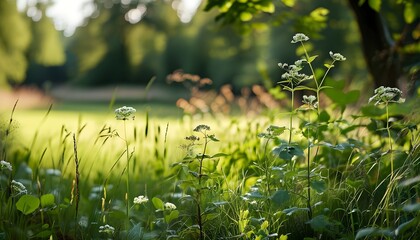 Bokeh beauty of lush green grass in sunny countryside field, capturing the essence of nature and tranquility in Swedens summer landscape