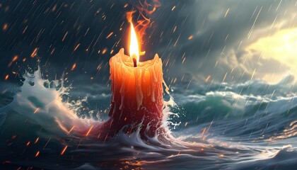 Vibrant flame of a candle braving a fierce storm, illuminating a detailed scene with calm resilience amidst chaos