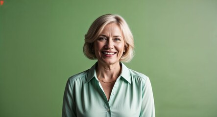 Wall Mural - Cheerful middleaged Caucasian woman with blonde bob wearing blouse on plain green background