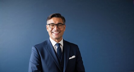 Canvas Print - Cheerful middleaged Hispanic man with glasses wearing formal suit on plain navy blue background