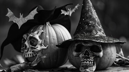  A collection of black and white images including a pumpkin bat and witch hat with Skull, Halloween elements, Happy Halloween 