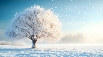 Wall Mural - a beautiful tree, covered in snow, stands alone in the snowy field against a blue sky