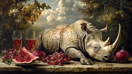 Sticker - Still Life with a Rhino and Fruit: A Masterpiece of Realism