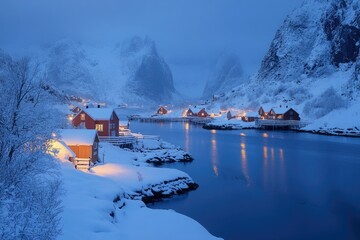 traditional red rorbu houses illuminating a snowy evening in lofoten, norway