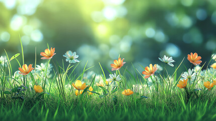 Wall Mural - Lush Green Grass with Vibrant Spring Flowers Background