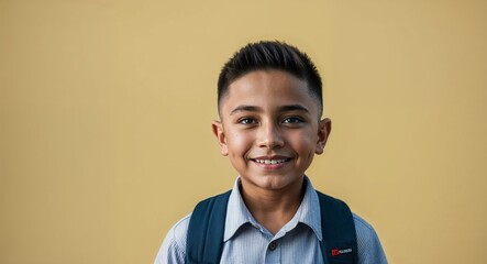 Wall Mural - Confident young Hispanic boy with buzz cut wearing school uniform on plain yellow background