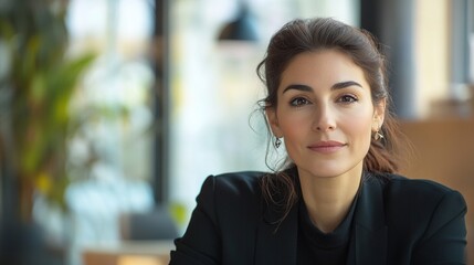 Canvas Print - A professional woman in a stylish black outfit, seated indoors, exuding confidence and focus amidst a modern, bright environment.