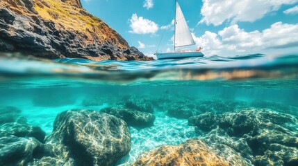 Wall Mural - Crystal clear ocean water, with a boat sailing overhead, showing the vivid details of rocks and cliffs below.